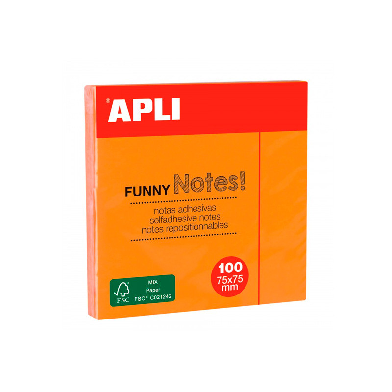 Notas Adhesivas Apli Naranja Flúor 75x75mm 100 Hojas