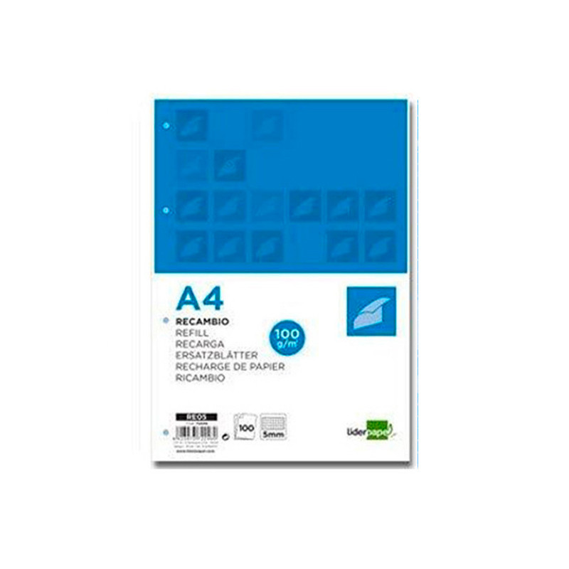 Hojas de Recambio a4 5 Colores 4 Taladros Cuadricula 5x5 100 grs 100 Hojas