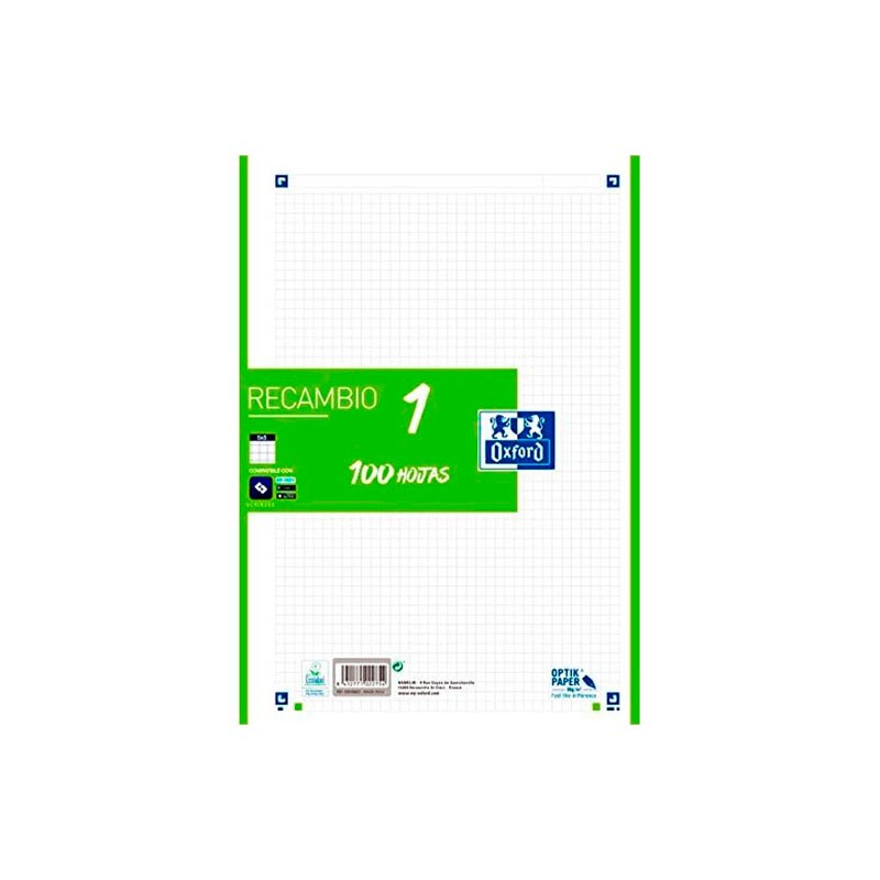 Hojas de Recambio a4 Verde Cuadricula 5x5 Oxford Tapa Blanda 90 grs 100 Hojas