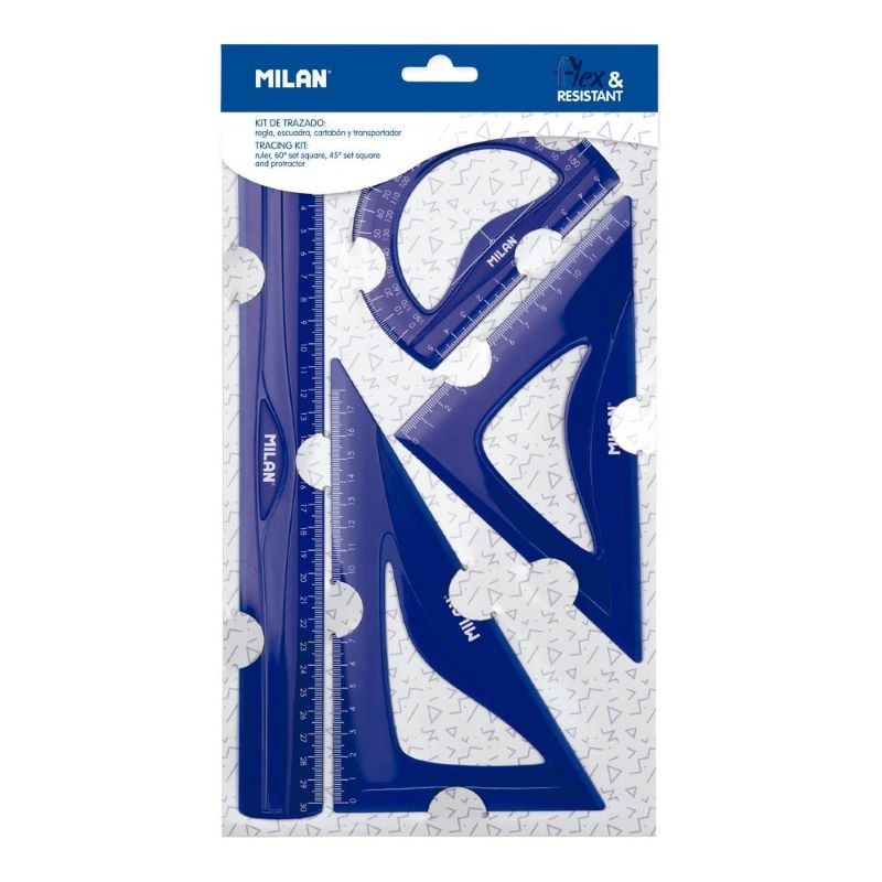 Reglas Dibujo Kit Escuadra, Cartabon, Transportardor y Regla de 30 Cms FlexResistant Azul