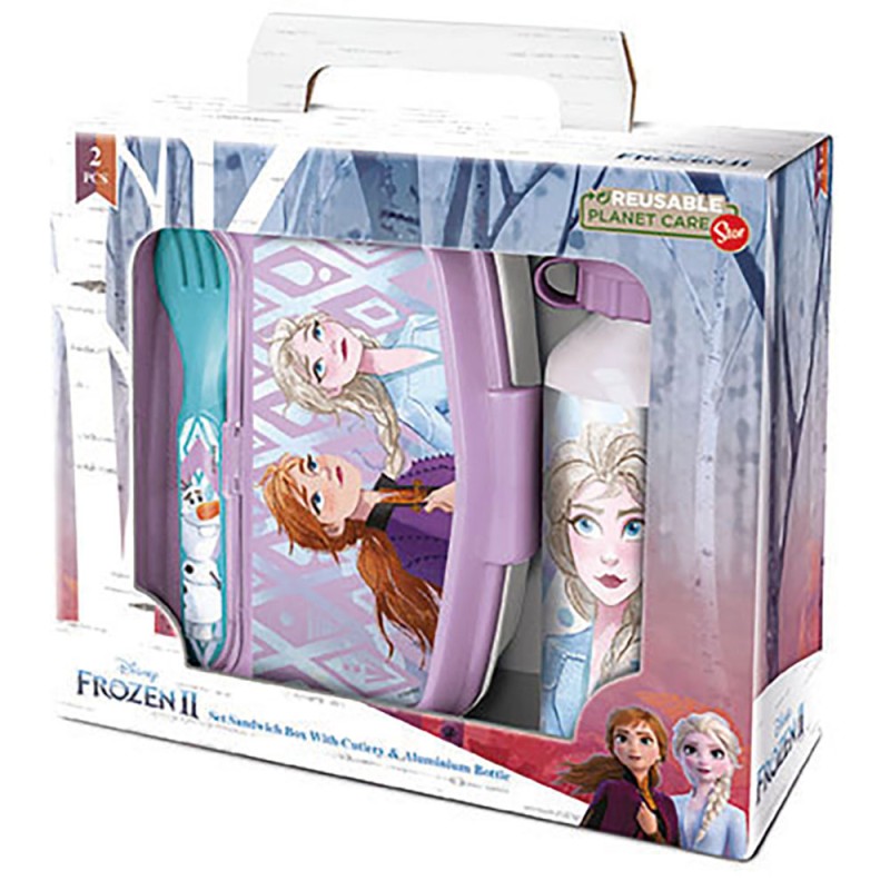 Set De Botella Y Sandwichera + Cubiertos Frozen Ii "One Heart"